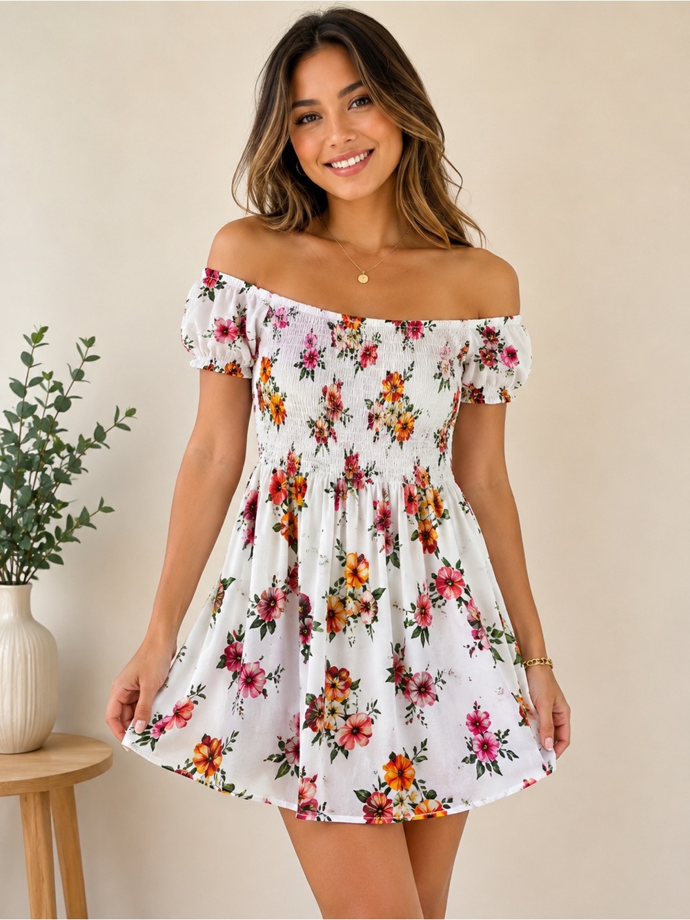 Ambiance White Floral Smocked Mini Dress Size Small